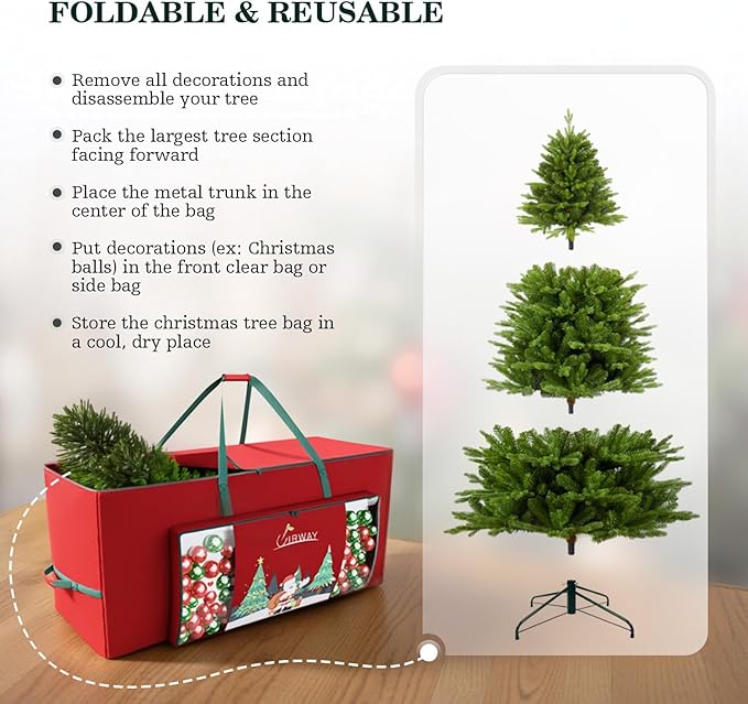 UIRWAY Christmas Tree Storage Bag- Fit for 7.5ft Artificial Trees, 600D Oxford Christmas Tree Bag with Transparent Pouch & Side Pocket, Extra Large Tree Bags with Sturdy Handles & Dual Zipper, Red