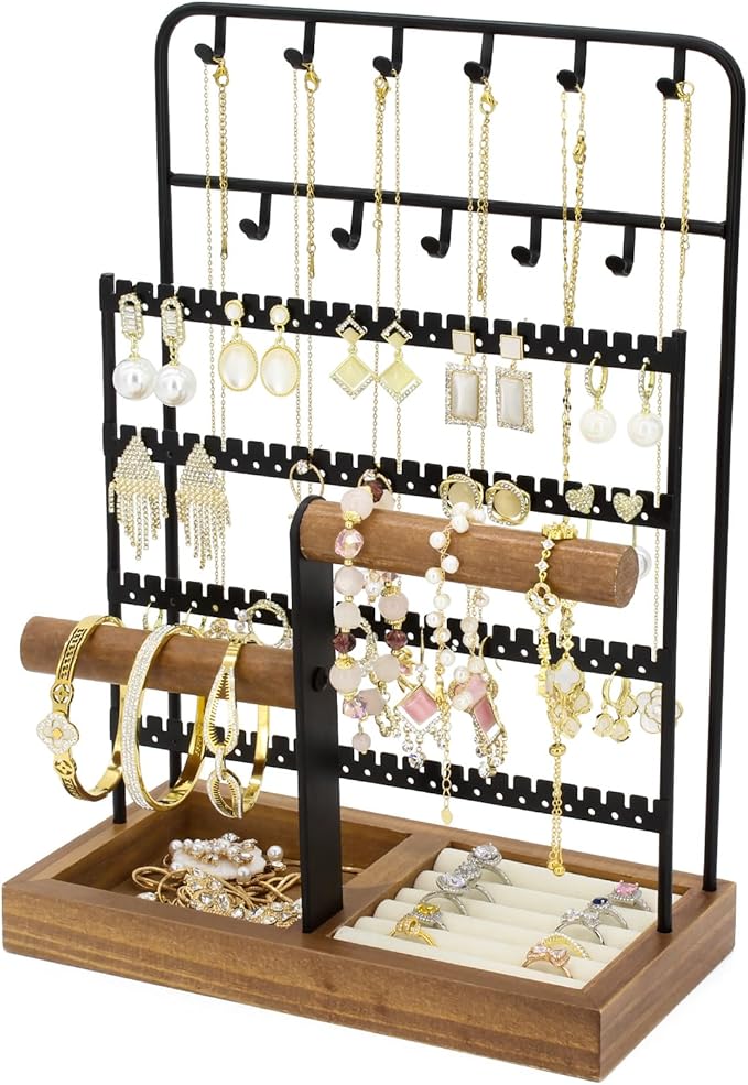 JONKASIPA Jewelry Holder Organizer Stand 4-Tier Necklace Stand Earring Holder with Wooden Tray, Jewelry Rack for Bracelets Watches and Rings Display Stand, Gifts for Women & Girls-Black