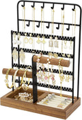 JONKASIPA Jewelry Holder Organizer Stand 4-Tier Necklace Stand Earring Holder with Wooden Tray, Jewelry Rack for Bracelets Watches and Rings Display Stand, Gifts for Women & Girls-Black