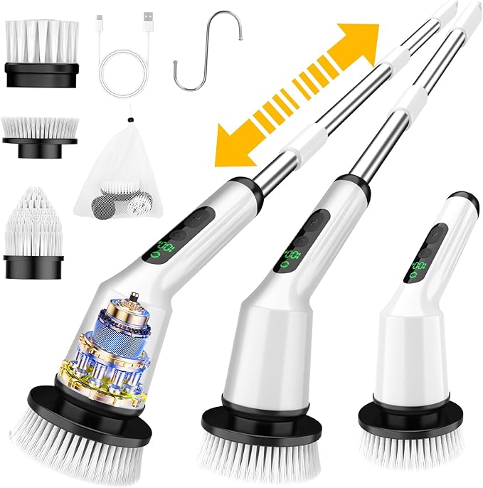 Electric Spin Scrubber for Cleaning Bathroom, Shower Scrubber Cordless Cleaning Brush with IPX7 Waterproof & 2 Speed, 3 Brush Heads, Bathroom Cleaning Supplies for Shower Tub Kitchen Tile Toilet White