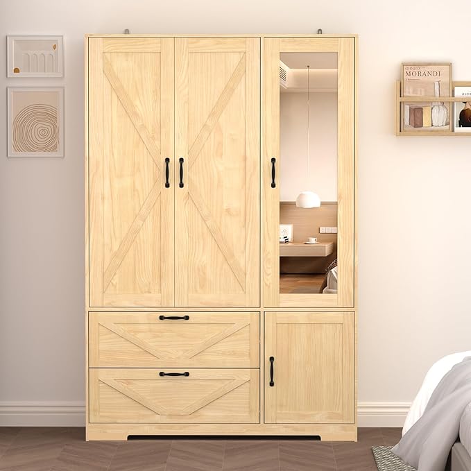 Armoire Wardrobe Closet with Mirror and 2 Drawers, 72''H Bedroom Armoire Wardrobe Cabinet with Hanging Rod and Light,Wooden Bedroom Closet with Adjustable Shelf