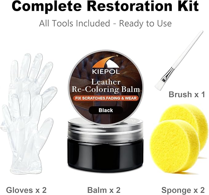 Black Leather Repair Kit, Black Leather Recoloring Balm, Leather Dye - Restore & Renew Scratch, Faded and Aged Leather & Vinyl Couches, Boots, Car Seats or Leather Furniture
