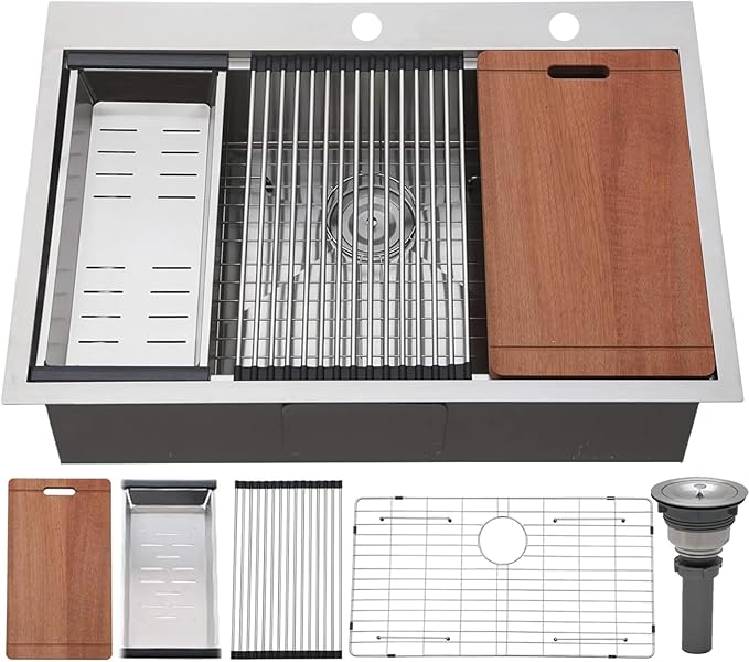 VCCUCINE 33x22 Inch Drop In Kitchen Sink,Overmount Stainless Steel Single Bowl Workstation Laundry Sink Top mount 2 Hole Farmhouse Kitchen with Cutting Board & Accessories