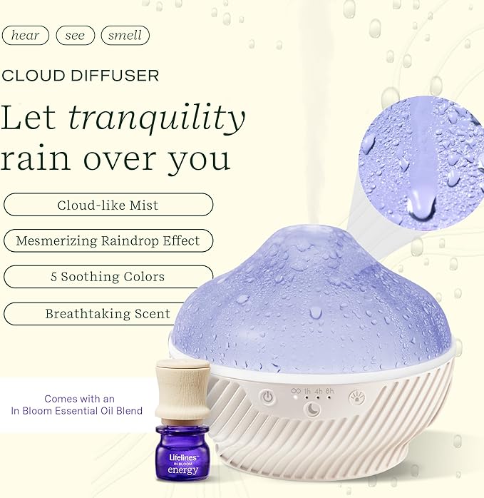 Lifelines Cloud Ultrasonic Essential Oil Diffuser with Essential Oil Blend, 300ml - Aromatherapy Diffuser with Soothing Mesmerizing Raindrop Effect & Auto-Shutoff Feature - Home & Bedroom Essentials