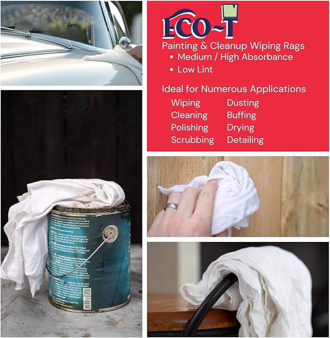 1 Lb Bag Eco-T Paint Rags - White T-Shirt Material, 100% Recycled, Eco-Friendly, High Absorbency, Low Lint, Low-Cost, Painting and Cleaning Cloth