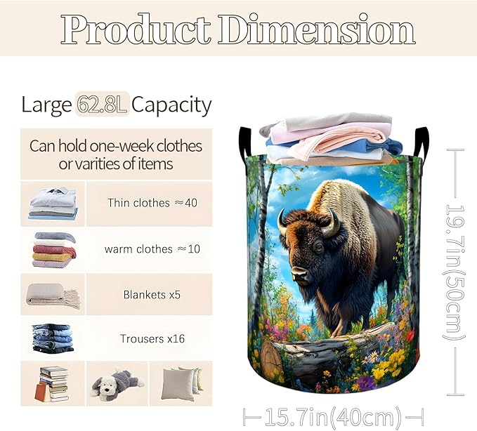 Strong Bison in Birch Forest with Floral Laundry Basket 19.7"x15.7", Collapsible Dirty Clothes Waterproof Laundry Hamper Organizer Toy Storage Bin for Dorm Nursery Bathroom Decor