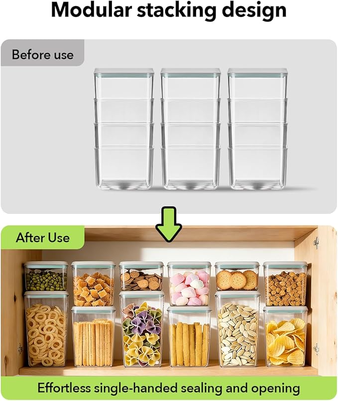 EQI Airtight Food Storage with One-Touch Lid, (3 × 1.27 QT / 1.2 L) Stackable Durable PET for Sugar, Grains, Coffee Beans, and Baking Pantry Organization