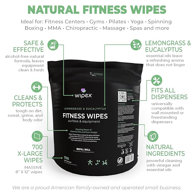 Wipex Gym Wipes Dispenser Refill - 2800 Count - Large Gym Wipes for Equipment - Fitness Wipes with Lemongrass Scent, 8x12 Size, 700 Count (Pack of 4) - For Natural Hygienic Fitness Environments