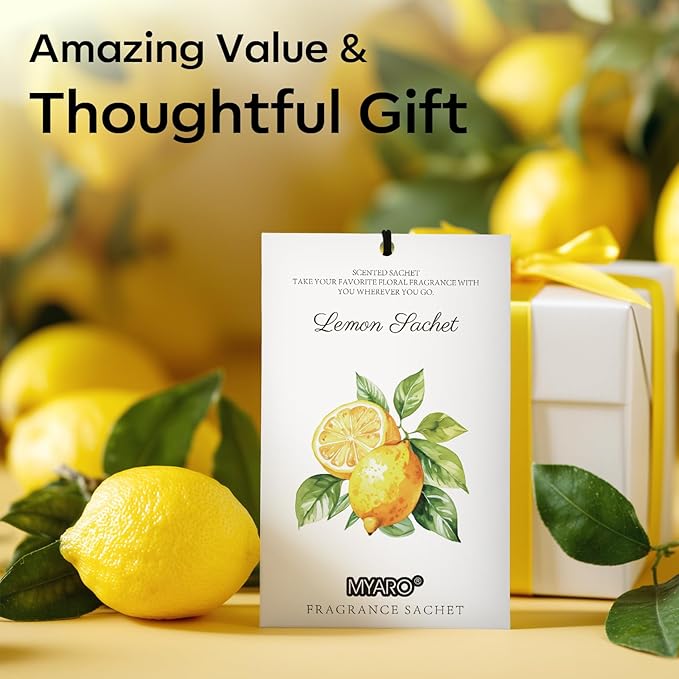 MYARO 12 Packs Lemon Scented Sachets for Drawer and Closet - Long Lasting Bathroom Odor Deodorizer Fresh Scents Car Air Refrehener Home Fragrance