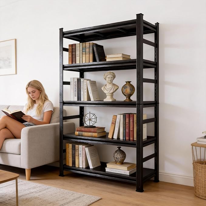 Notmise Book Shelf, 5 Tier Bookshelf, Modern Tall Bookcase for Garage Kit, CDs, Movies, Industrial Corner Storage Shelves for Bedroom Home Office Kitchen Living Room, Black