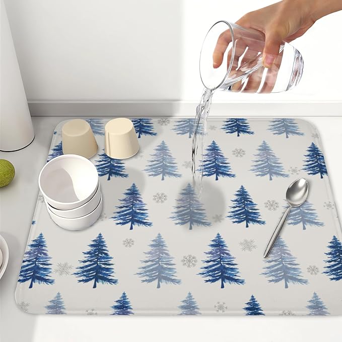 ABSOP Winter Dish Drying Mat 16 x 18 Inch Blue Tree Dish Drying Pad Absorbent Microfiber Mats for Snowflake Dish Rack Pad for Holiday Kitchen Counter Coffee Bar Decor