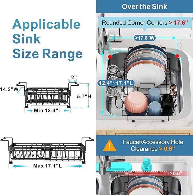 iSPECLE Expandable in Sink Dish Drying Rack with Cup Holder - Rust Resistant Adjustable Over The Sink Dish Drainer with Tightening Knob, Arms with Non Slip Rubber, Fits Sink 12.4"-17.1", Black