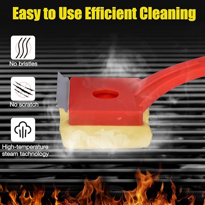 Grill Brush Bristle-Free – Steam Cleaning & Pumice BBQ Grill Cleaner with Replaceable Head – Includes 2 Cleaning Stones + 1 Extra Brush Head – Heavy-Duty Barbecue Scraper,Red