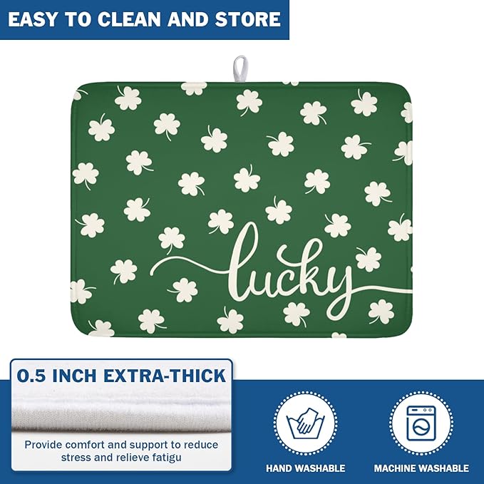 Wnoesat St Patricks Day Lucky Clover Dish Drying Mats for Kitchen Counter Green White Shamrock Dish Drying Pad St Patrick Microfiber Absorbent Reusable Washable Large Dishes Drying Mat 18x24 Inch