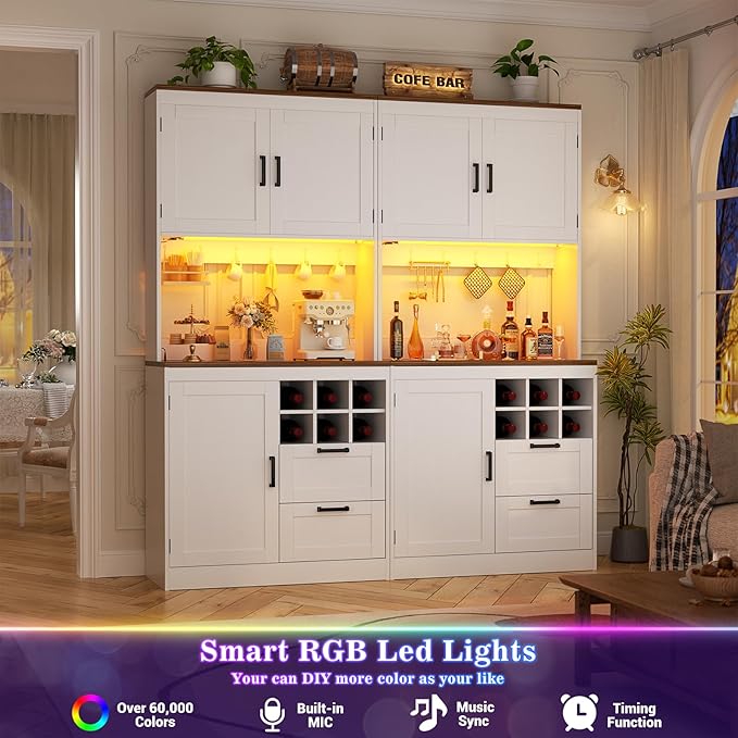 Unikito 72" Tall Pantry Cabinet, Kitchen Pantry Storage Cabinet with LED Light & Outlet, 63" Wide Kitchen Hutch Bar with Microwave Stand, Drawers, Wine Rack & Shelves, Cupboard for Dining Room, White