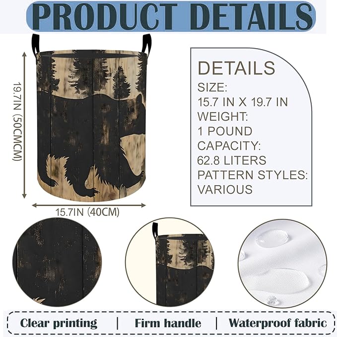 Rustic Bear Laundry Basket Hamper 19.7"x15.8", Forest Foldable Waterproof Oxford Clothes Storage Bucket for Room Bathroom Bedroom Nursery Decor, Toy Organizer Bins Gifts for Kids Boys Girls