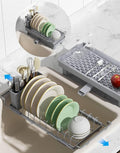 Nacial 2-in-1 Small Dish Drying Rack Fits 14''–21.8'' Sink, Dish Drainers for Kitchen Counter Extend Kitchen Sink Drain Basket with Utensil Holder & Auto-Drain Tray, Stainless Steel Plate Rack, Gris