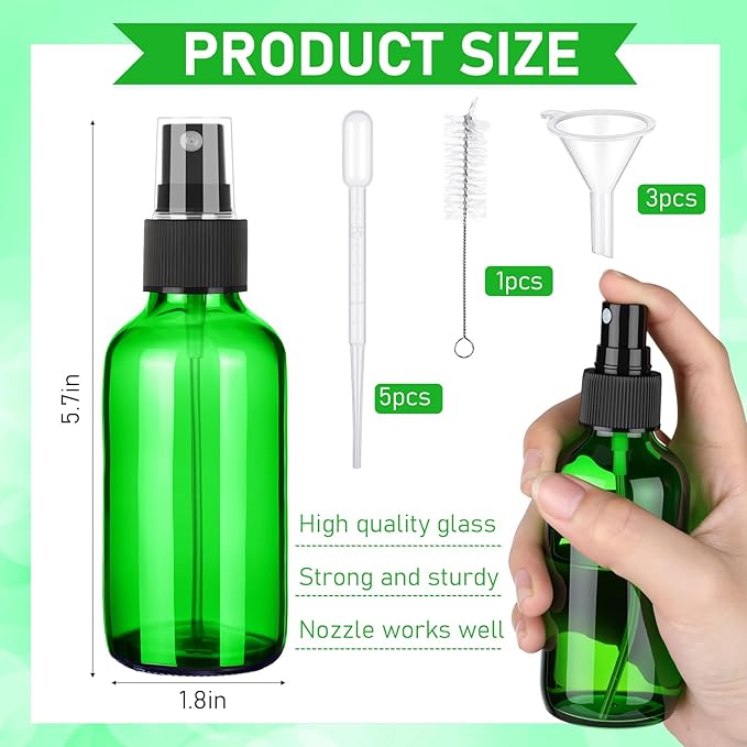 Nuogo 50 Pieces Mini Glass Spray Bottles Bulk 4 Oz Fine Mist Bottles with Funnel Dropper and Cleaning Brush Refillable for Essential Oils, Perfumes and Aromatherapy(Green)