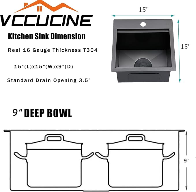 VCCUCINE Gunmetal Black Bar Sink Drop in, 15x15 Inch Topmount RV Small Kitchen Sink, 16 Gauge Stainless Steel Wet Bar Sink, Top Mount Outdoor Single Bowl Prep Sink with Cutting Board & Strainer