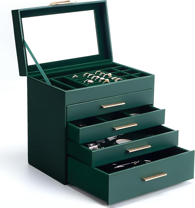 Jewelry Box, 5 Layers Jewelry Storage Display Box with Glass Lid for Women, 4 Drawers,Large Capacity for Necklace Earrings Bracelets Rings, Green