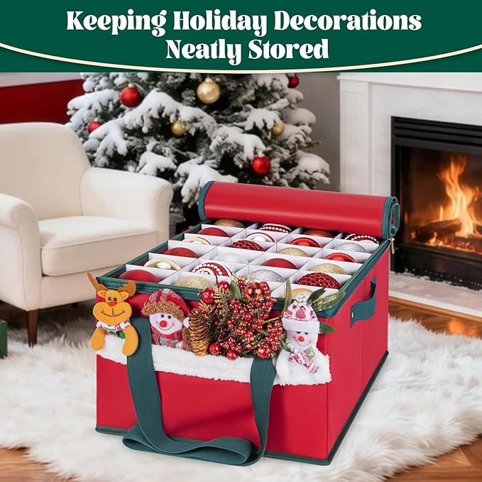 Christmas Ornament Storage Box Holiday Ornaments Storage Container Bin Zippered Top Ball Storage with Adjustable Dividers Holds 72 Ornaments (3 Inch) Red