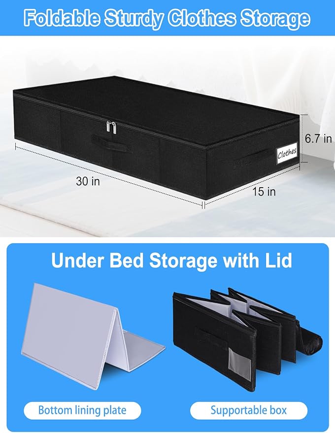boailydi Under Bed Storage Bags with Zipper, 7 Inch Tall Underbed Storage Containers with Rigid Sides & Bottom,30x15x6.7 Inches, Large Clothes Organizer Box for Bedroom, Dorm, Couch, Black