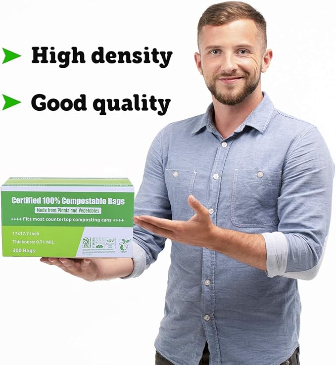 Compost Bags, Compostable Trash Bags 3 Gallon Compostable Bags 300 Count Small Compost Bags for Countertop bin Extra Thick 0.71 Mil. ASTM D6400 Certified By BPI and TÜV AUSTRIA (3 Gallon, 300 Units)