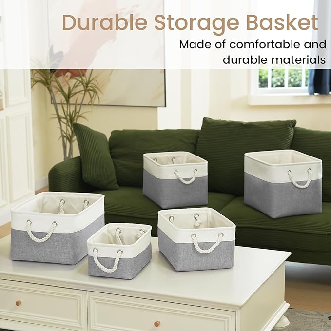 Large Storage Baskets- 15.7x11.8x8.26 inch Storage Bins for Shelves and Closet Organizing, Foldable Fabric Bin for Home Organization Clothes and Laundry (6-Pack, White&Gray)