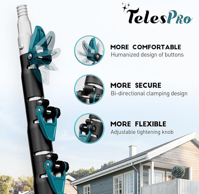 TelesPro 30 Feet High Reach Window Squeegee with 6-24 Ft Extension Pole, Window Cleaner Tool with 5-Stage Telescoping Pole, Window Cleaning Kit with Rotatable Head (2 Squeegee & 2 Microfibre Cloths)