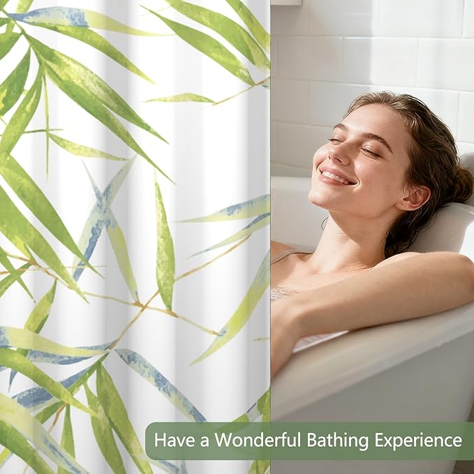 Grass Green Bamboo Leaves Shower Curtain and Liner Set, Waterproof Washable Fabric No Hook Shower Curtain, Modern Nature Botanical Aesthetic Bathroom Curtains with Top Sheer Window, 71x74 Inch
