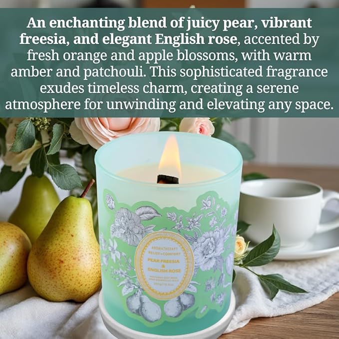 Large Scented Candle 10oz | Fresh Pear Freesia & Rose Soy Candle | Decorative Green Jar Wood Wick Candle Long Lasting | Aromatherapy Gift for Women & Men