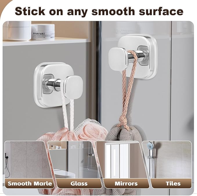 Suction Cup Hooks for Shower Heavy Duty No-Drill– Reusable Multi-Purpose Hooks Adheres to Glass, Mirrors, Tiles & Smooth Surfaces for Towels, Robes, Loofah& Body Sponge (2, Chrome Polished)