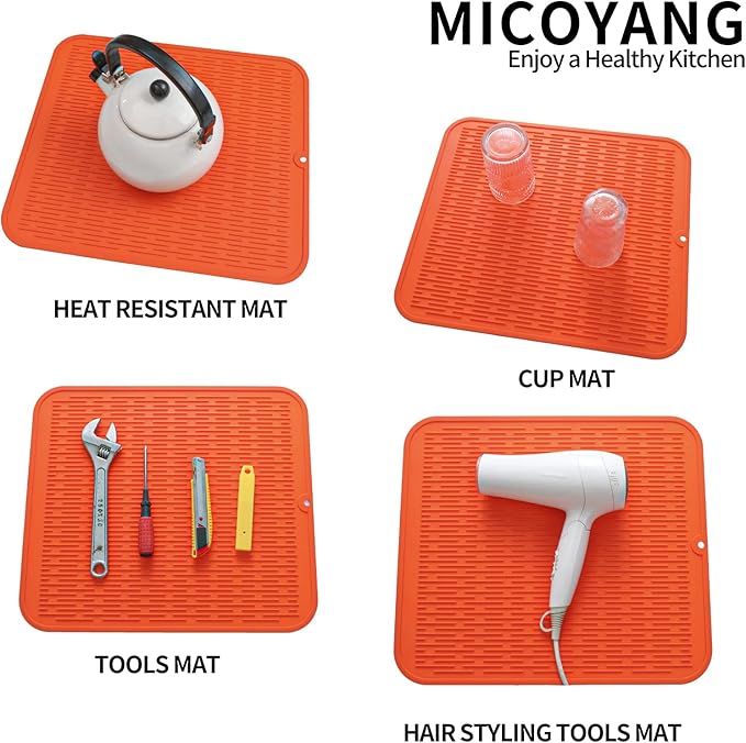 MicoYang Silicone Dish Drying Mat for Multiple Usage,Easy clean,Eco-friendly,Heat-resistant Silicone Mat for Kitchen Counter or Sink,Refrigerator or Drawer Liner Orange XL 18 inches x 16 inches
