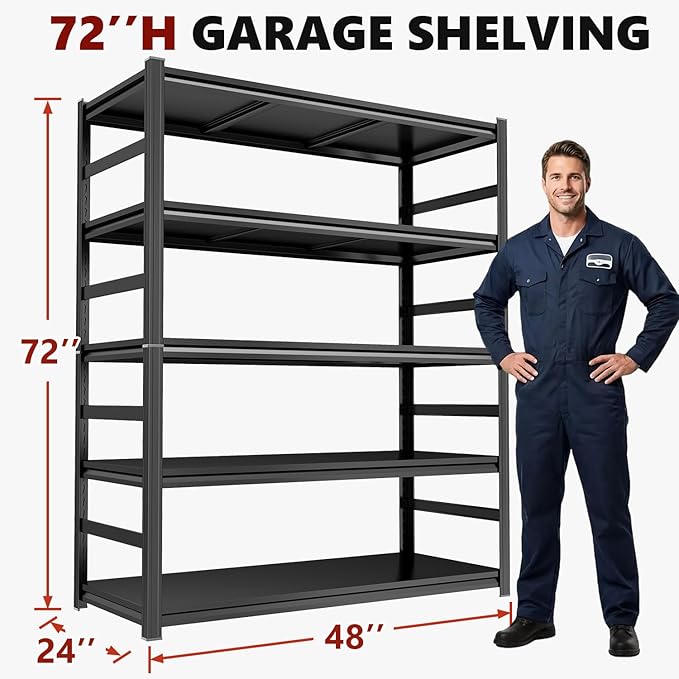 Notmise Garage Shelving Black 5-Tier Heavy Duty Shelves 2800Lbs, Adjustable Metal for Warehouse Basement(72”H×47.25”W×23.6”D)