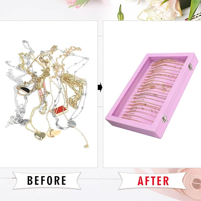 Necklace Organizer Box Premium 20 Hooks Velvet Necklace Display Jewelry Tray with Transparent Lid Jewelry Necklace Display Box for Necklace Pendants Suitable for Women and Girls (Pink)
