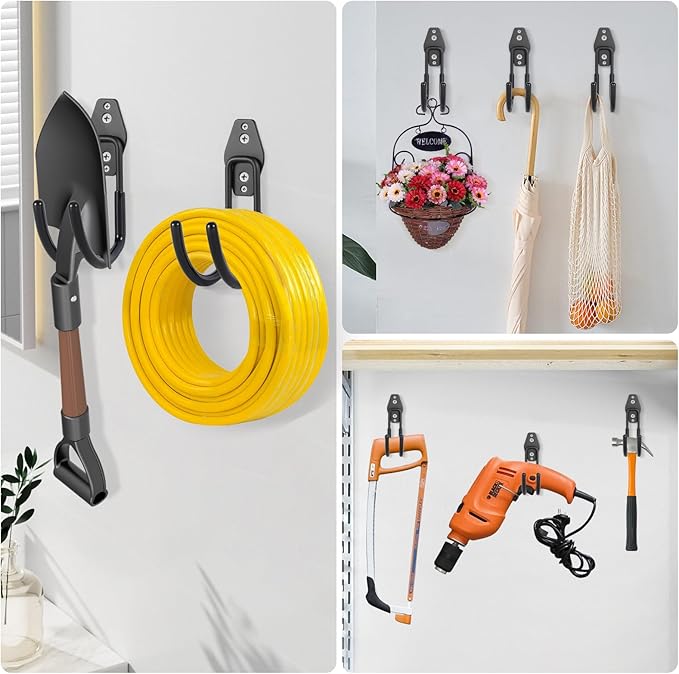 Garage Tool Hooks Wall Mount, 6 Pack Heavy Duty Storage Hooks for Garden Tools, Wall Hooks for Garden Hoses, Brooms, Ladders, Garage Storage and Organization Accessories