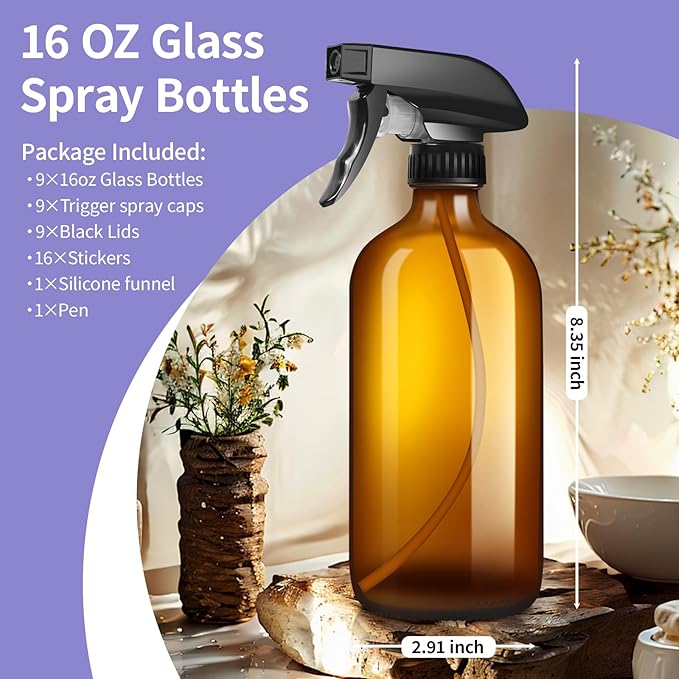 sietpoek 9 Pack Glass Spray Bottle 16oz, Empty Amber Spray Bottle Refillable Container for Essential Oils,Cleaning Products,Aromatherapy spray device