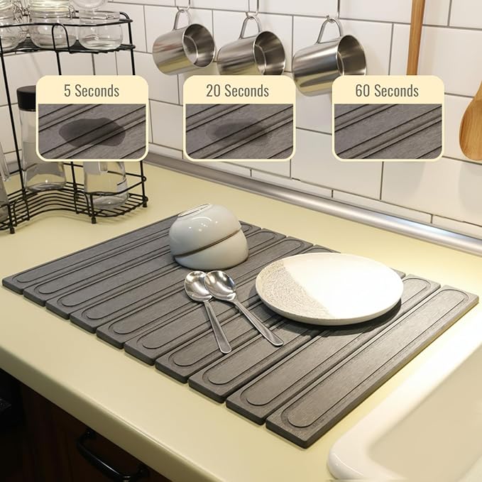 Hopegiver Dark Gray Stone Drying Mat for Kitchen Counter, 24"x16" Engraved Design Quick Dry Stone Mat, Super Absorbent Diatomaceous Earth Dish Drying Mat for Kitchen Bathroom, with Sanding Tools