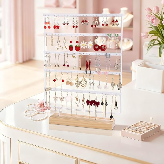 5 Tier 120 Hole Earring Holder Organizer, Rust Proof Metal and Wooden Base Jewelry Organizers and Storage for 60 Pairs of Earrings, Suitable for Home Storage and Sales Display