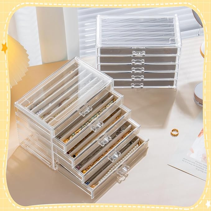 Necklace Organizer Box with 5 Drawers 30 Compartments, Dustproof Velvet Necklace Display Tray, Acrylic Necklaces Display Case, Pendant Chains Necklace Storage Tray Gift for Women and Girls (Beige)