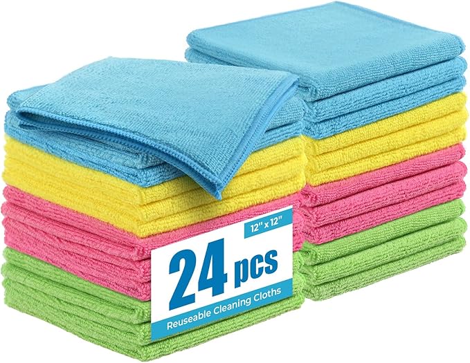 Tekswip Microfiber Cleaning Cloth 12"X12" 24 Pack Colour Lint Free Microfiber Towels for Cars-Extra Thick, Streak-Free, Fast Absorbent - Reusable Multi-Purpose Housekeeping Rags for Cars