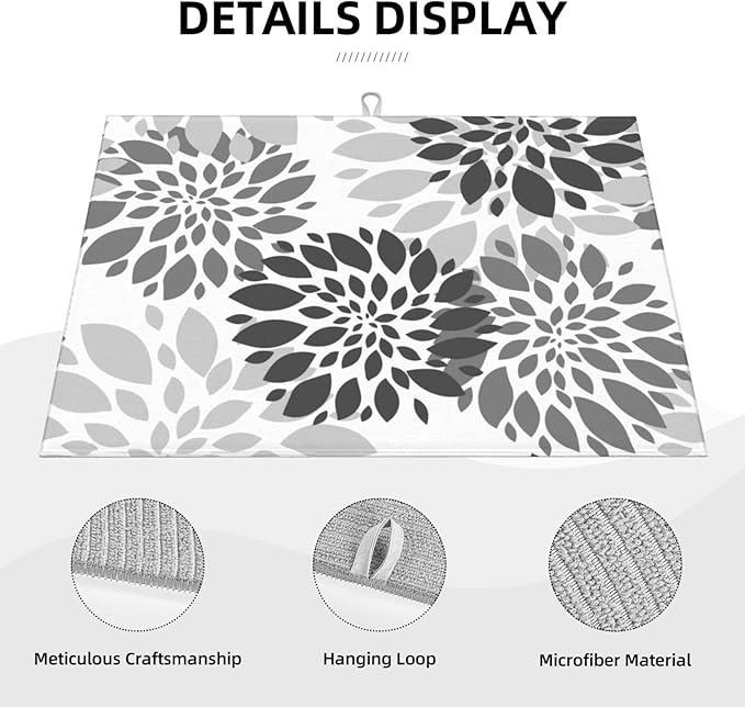 Black White Dahlia Dish Drying Mat for Kitchen Counter Decor Grey Geometric Dish Drying Rack Pad Super Absorbent Reversible Microfiber for Dishes, Utensils, Countertops, Sinks, Coffee 18x24 Inch
