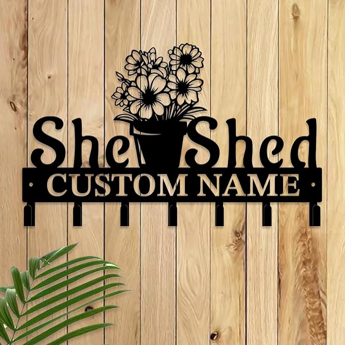 Personalized She Shed Metal Keys Hooks,Custom Name Metal She Shed Keys Hooks,Black Metal She Shed Wall Home Storage Decorative Keys Hooks,Key Holder Hooks for Wall (Style J)