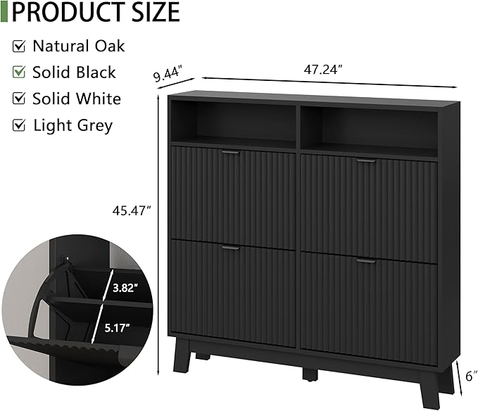 Shoe Cabinet with 4 Flip Drawers, 46" Tall Narrow Fluted Shoe Storage Organizer for Entryway, Hidden Slim Wooden Shoe Rack Cabinet for Front Door Entrance, Hallway, Living Room, Solid Black