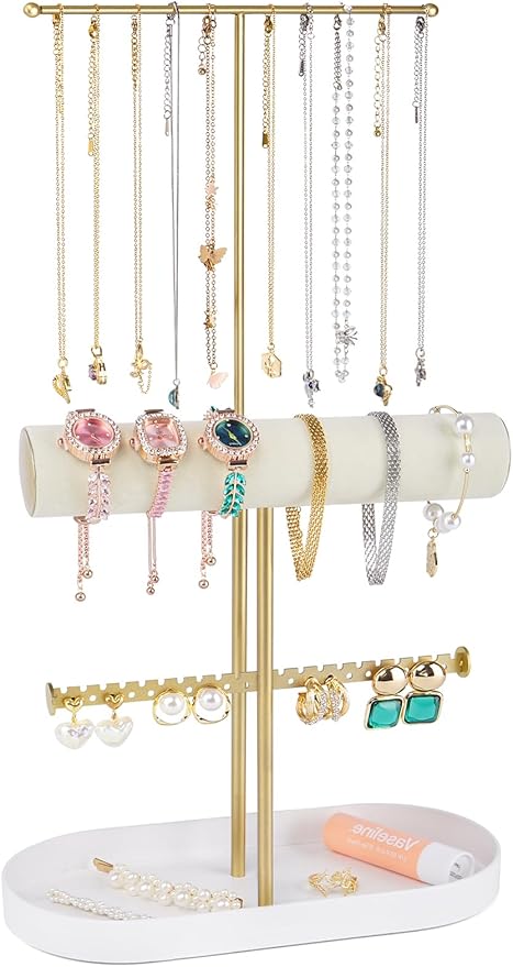 Jenseits 2-Tier Gold Jewelry Organizer Stand with Ring Holder & Tray – Elegant Jewelry Holder Display for Necklaces, Bracelets, Earrings, Rings, and Watches – Perfect Storage Rack & Gift for Women