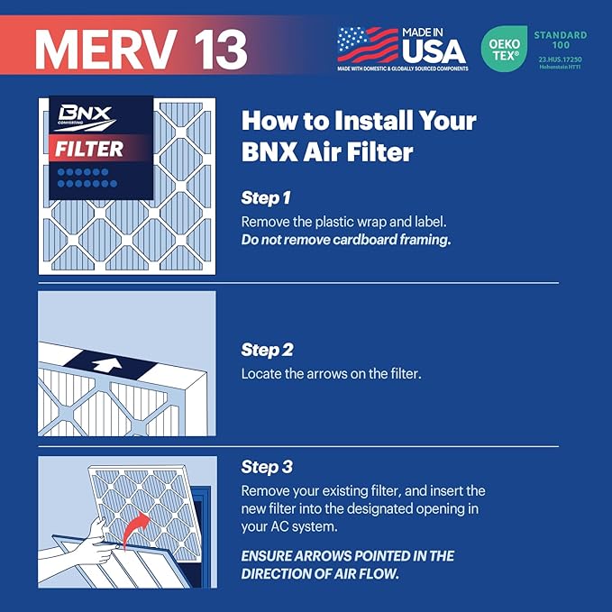 BNX TruFilter 20x24x1 Air Filter MERV 13 (12-Pack) - MADE IN USA - Electrostatic Pleated Air Conditioner HVAC AC Furnace Filters for Allergies, Pollen, Mold, Bacteria, Smoke, Allergen, MPR 1900 FPR 10