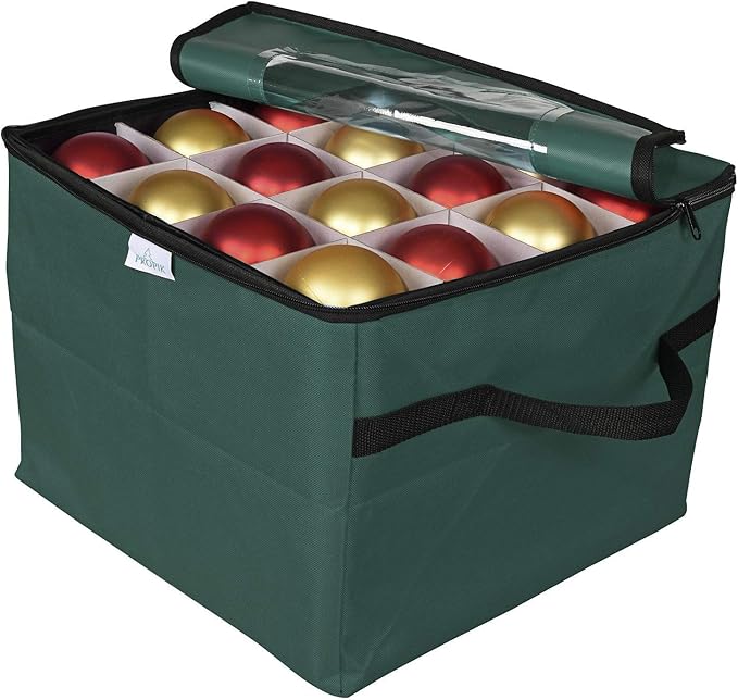 ProPik Christmas Ornament Storage Box, Organizer Holds Up to 48 Xmas Balls with 3 Separate Removable Trays, Container has Dividers to Organize Holiday Tree Ornaments (Green)