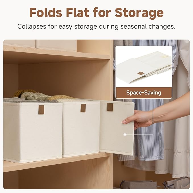 StorageWorks Small Storage Bins, Fabric Storage Bins, Narrow Baskets for Shelves with PU Handle, Perfect for Clothes, Towels, and Light Blankets, Beige, 4-Pack