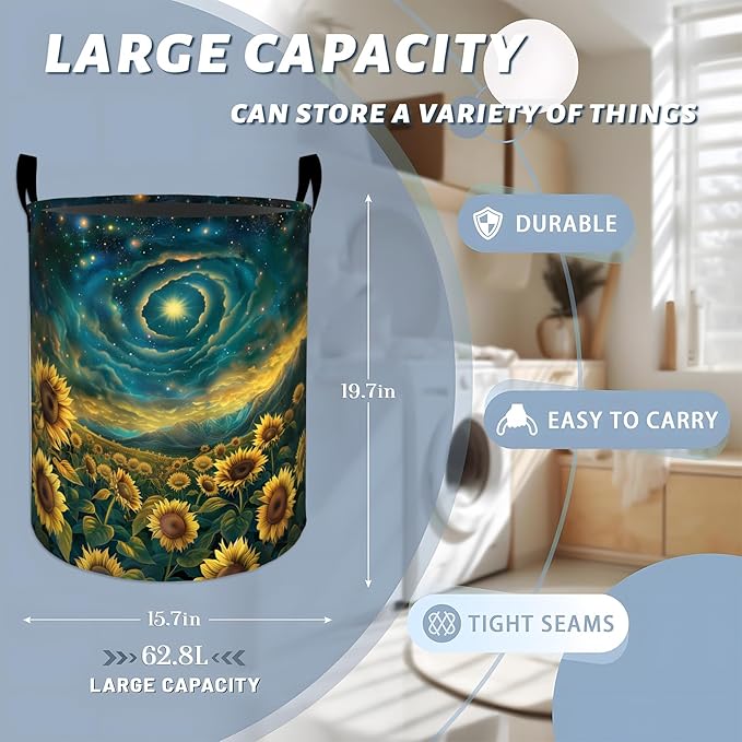 Starry Sky Sunflower Field Laundry Basket with Handles, 19.7"x15.7" Clothes Foldable Laundry Hamper Organizer for Dorm Nursery Bedroom Bathroom Decor, Toy Storage Bin for Kids
