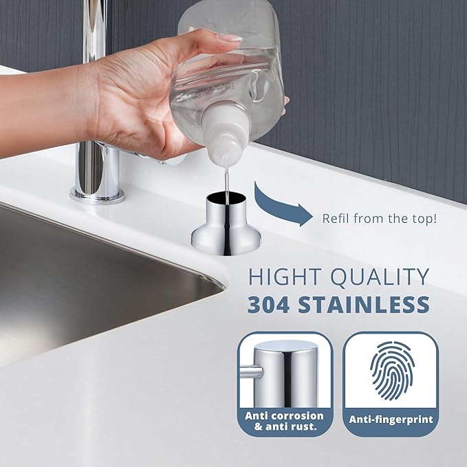 SBEN Built-in Kitchen Sink Soap or Lotion Dispenser Set, Stainless Steel, Chrome Pump, 17 oz PET Bottle, Durable ABS Head, 360° Rotation (Chrome)